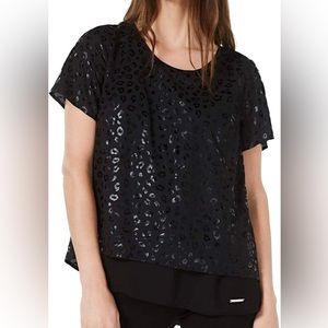 Michael Kors Black Split Back Animal Print Short Sleeve Scoop Neck Hi-Lo Top